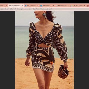 NWT WIHOLL Sweetheart Collar Puff Sleeve Plants Print Short Dress